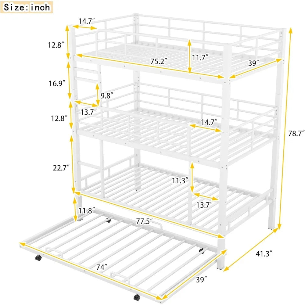 Harper & Bright Designs Metal Twin Size Triple Bunk Bed with Trundle for 4, Bunk Beds with 2 Ladders & Guardrails, Convertible t