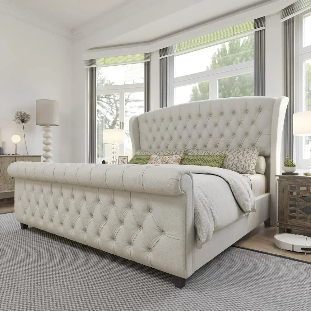 King Size Bed Frame, Chenille Upholstered Sleigh Beds