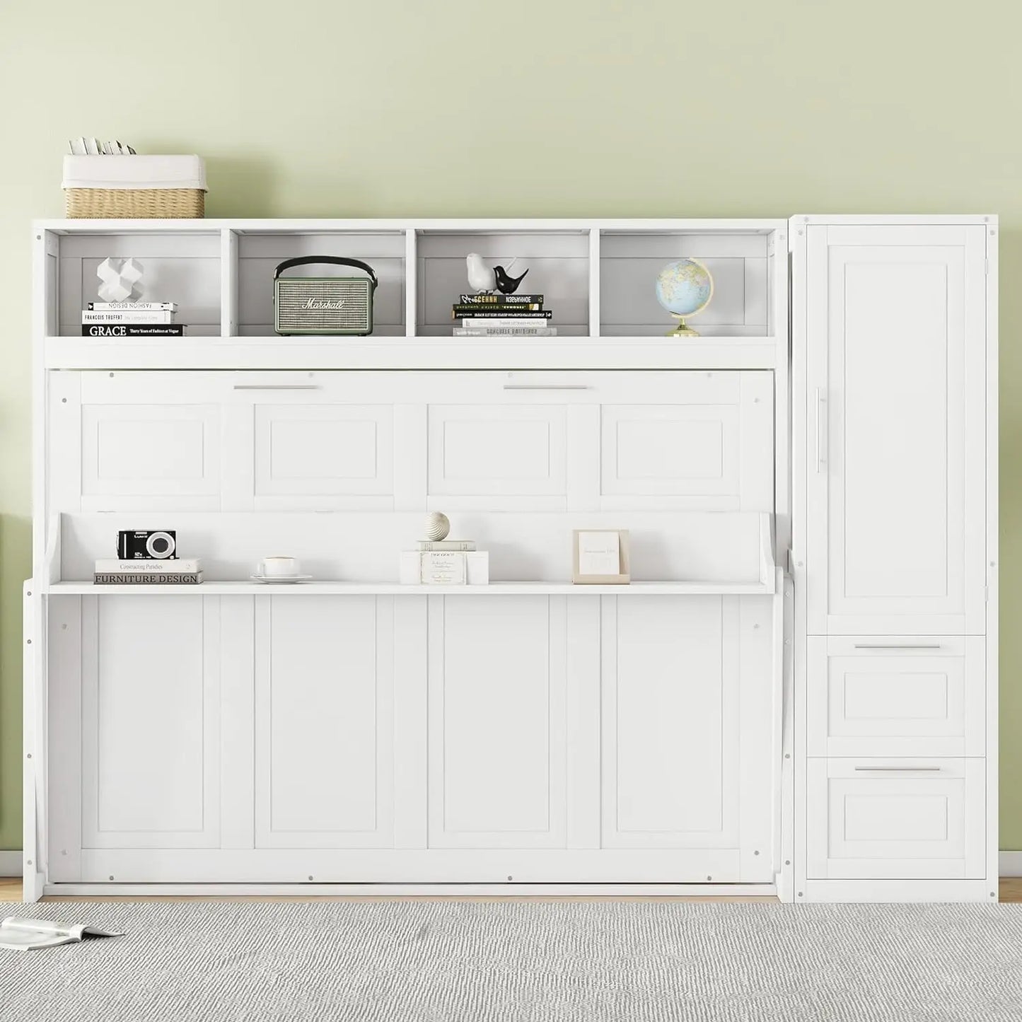 Full Size Murphy Bed Wooden Cabinet Bed with Closet and Drawers White