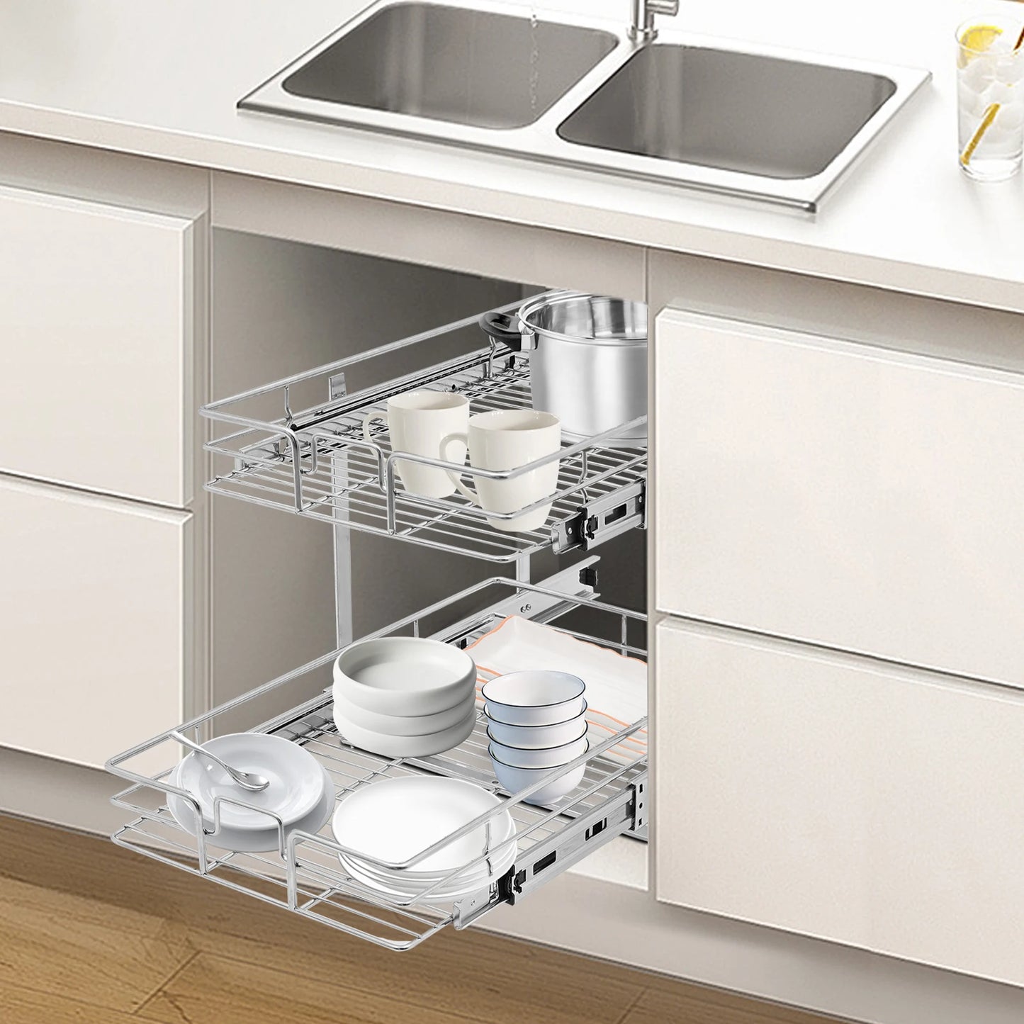 2-Tier Adjustable Height Kitchen Shelves Organizer Pull Out Cabinet Organizer Wear Resistance for Bathrooms/Kitchens/Pantries
