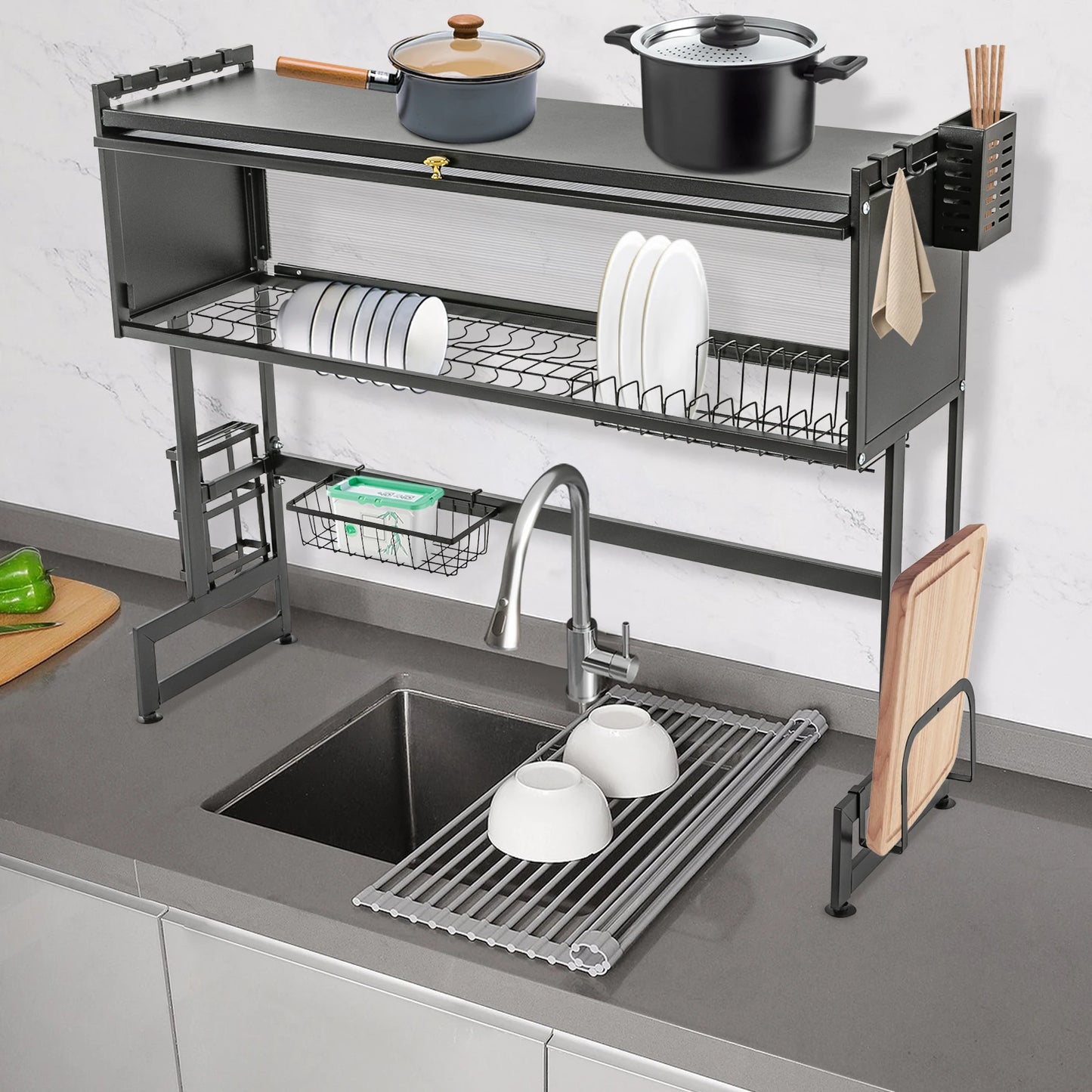2-Tiers Dish Drying Rack Carbon Steel Cutlery Drainer 95x30x80cm