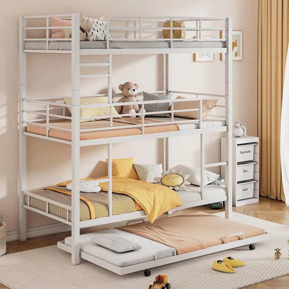 Harper & Bright Designs Metal Twin Size Triple Bunk Bed with Trundle for 4, Bunk Beds with 2 Ladders & Guardrails, Convertible t
