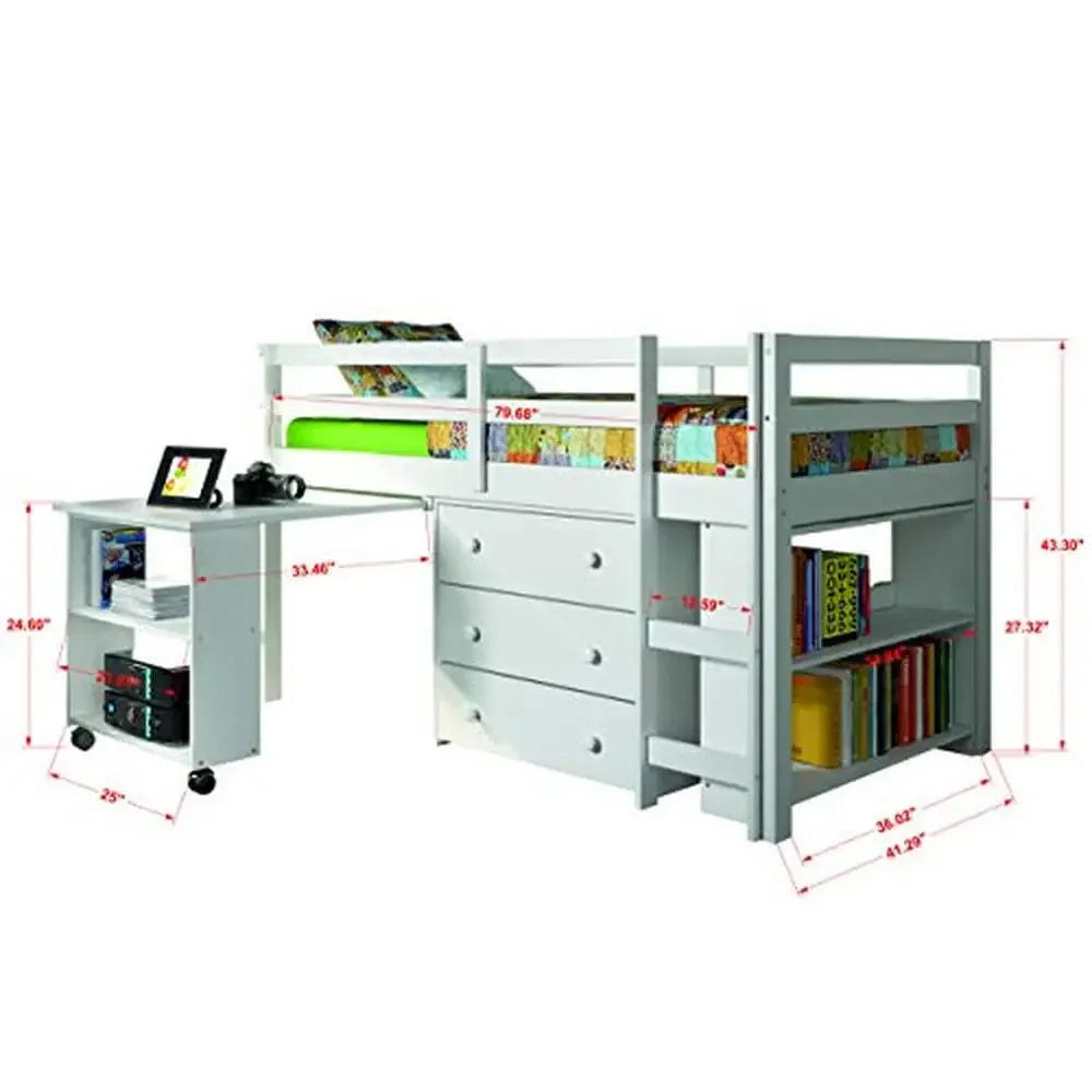 Modern Twin Low Loft Bed with Study Desk Storage Chest Bookcase White Finish Solid Wood 78 Inch x 41.25 Inch x 43.25 Inch
