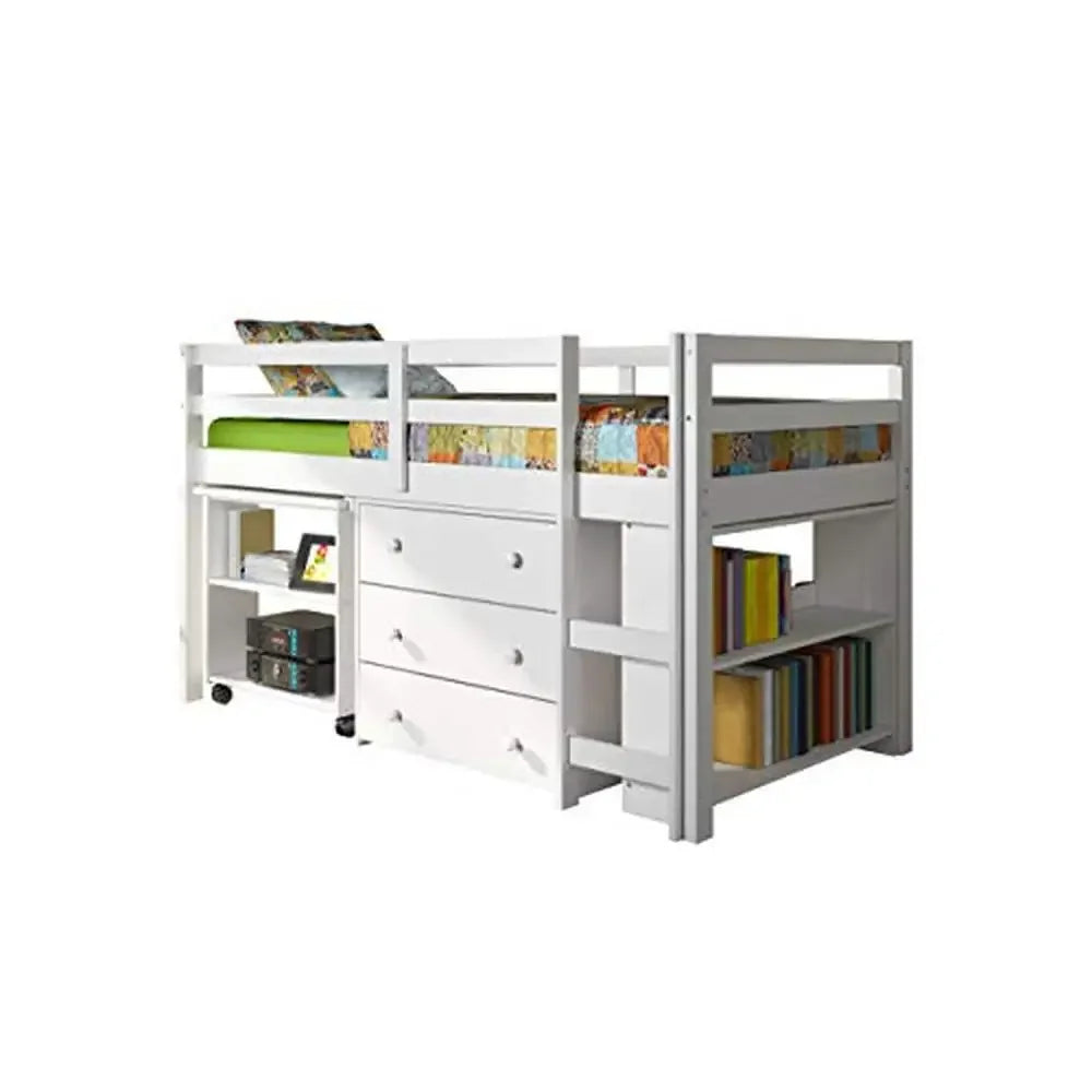 Modern Twin Low Loft Bed with Study Desk Storage Chest Bookcase White Finish Solid Wood 78 Inch x 41.25 Inch x 43.25 Inch