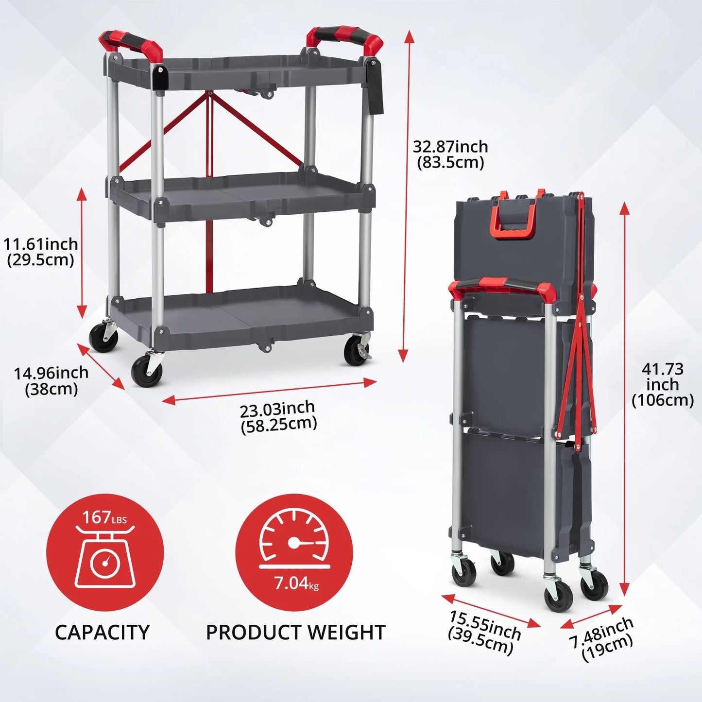 Portable Foldable Service Carts with Wheels, Collapsible Storage Carts