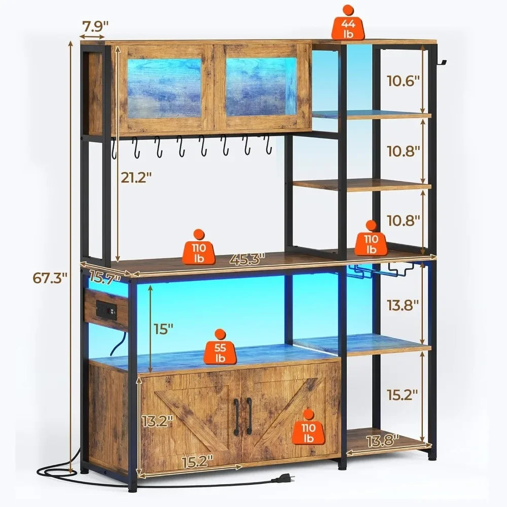 Itaar Bakers Rack with Power Outlet and LED Light 45.3 Inch Farmhouse Coffee Bar Cabinet