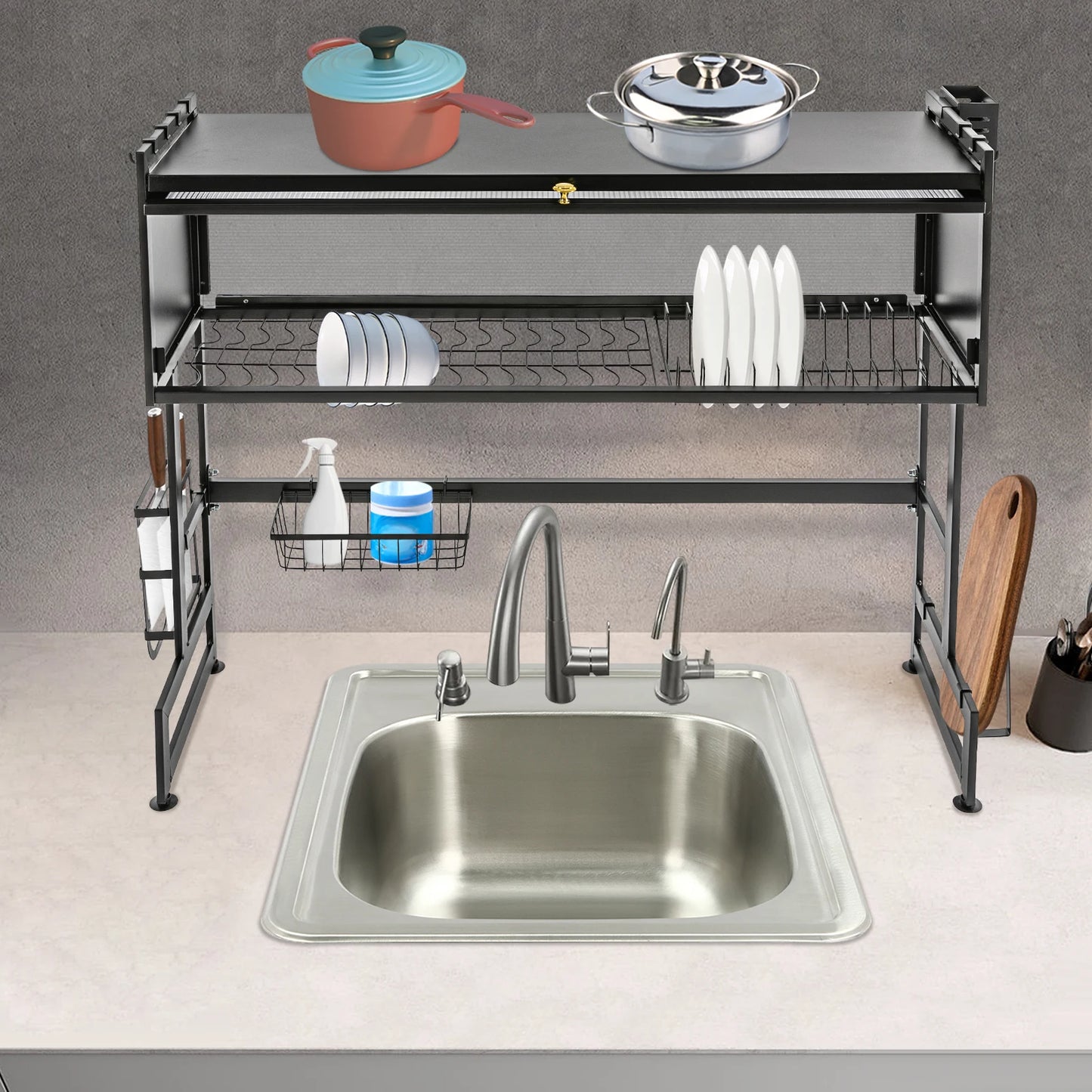 2-Tiers Dish Drying Rack Carbon Steel Cutlery Drainer 95x30x80cm