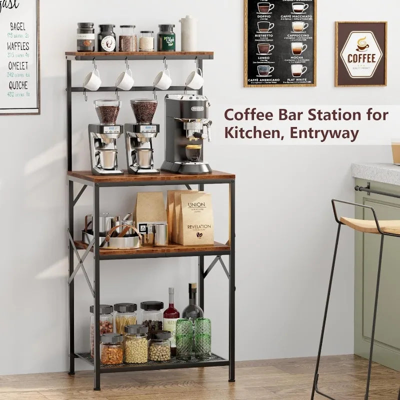 Kitchen Bakers Rack with Storage Shelves and Coffee Bar Table