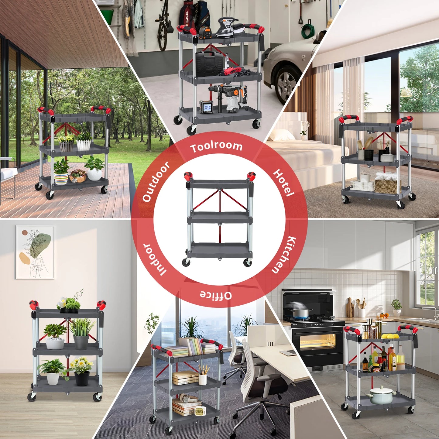 Portable Foldable Service Carts with Wheels, Collapsible Storage Carts