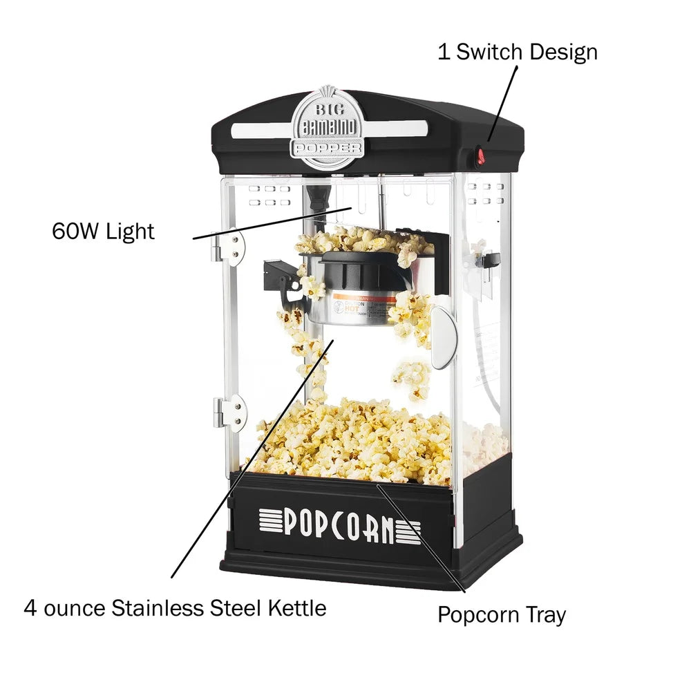 Retro 4oz Tabletop Popcorn Popper Machine Fresh Movie Theater Style Kitchen Snack Maker with Measuring Cups Removable Tray