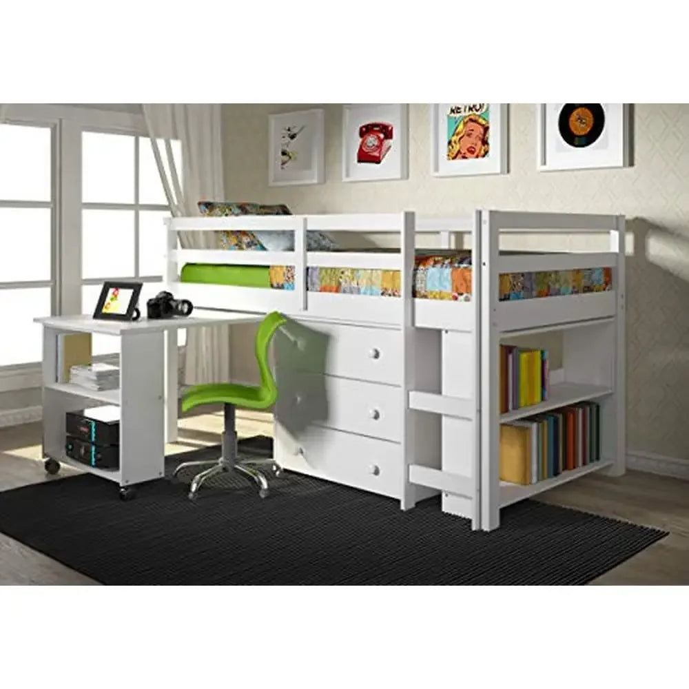 Modern Twin Low Loft Bed with Study Desk Storage Chest Bookcase White Finish Solid Wood 78 Inch x 41.25 Inch x 43.25 Inch