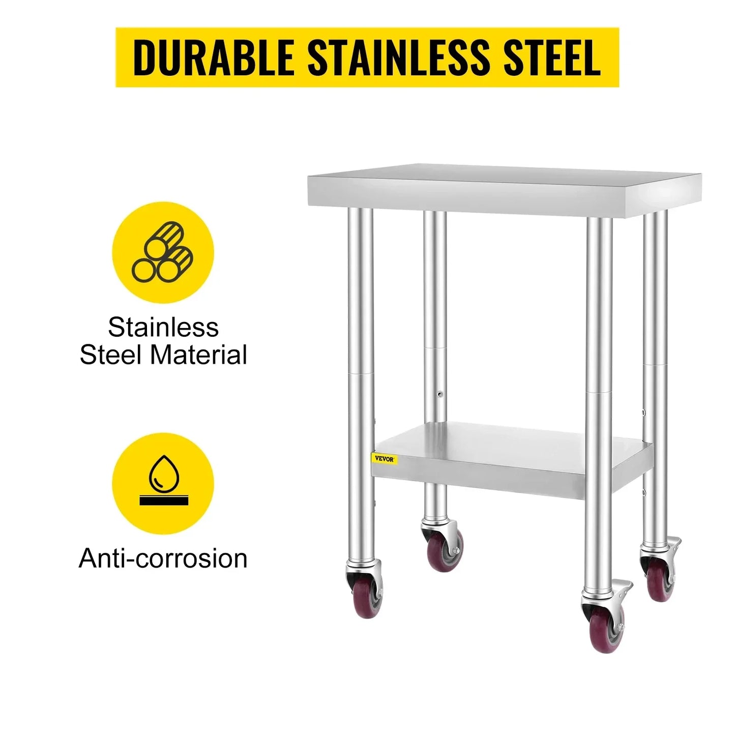 VEVOR Stainless Steel 700lbs Kitchen Worktable with 4Caster Wheels