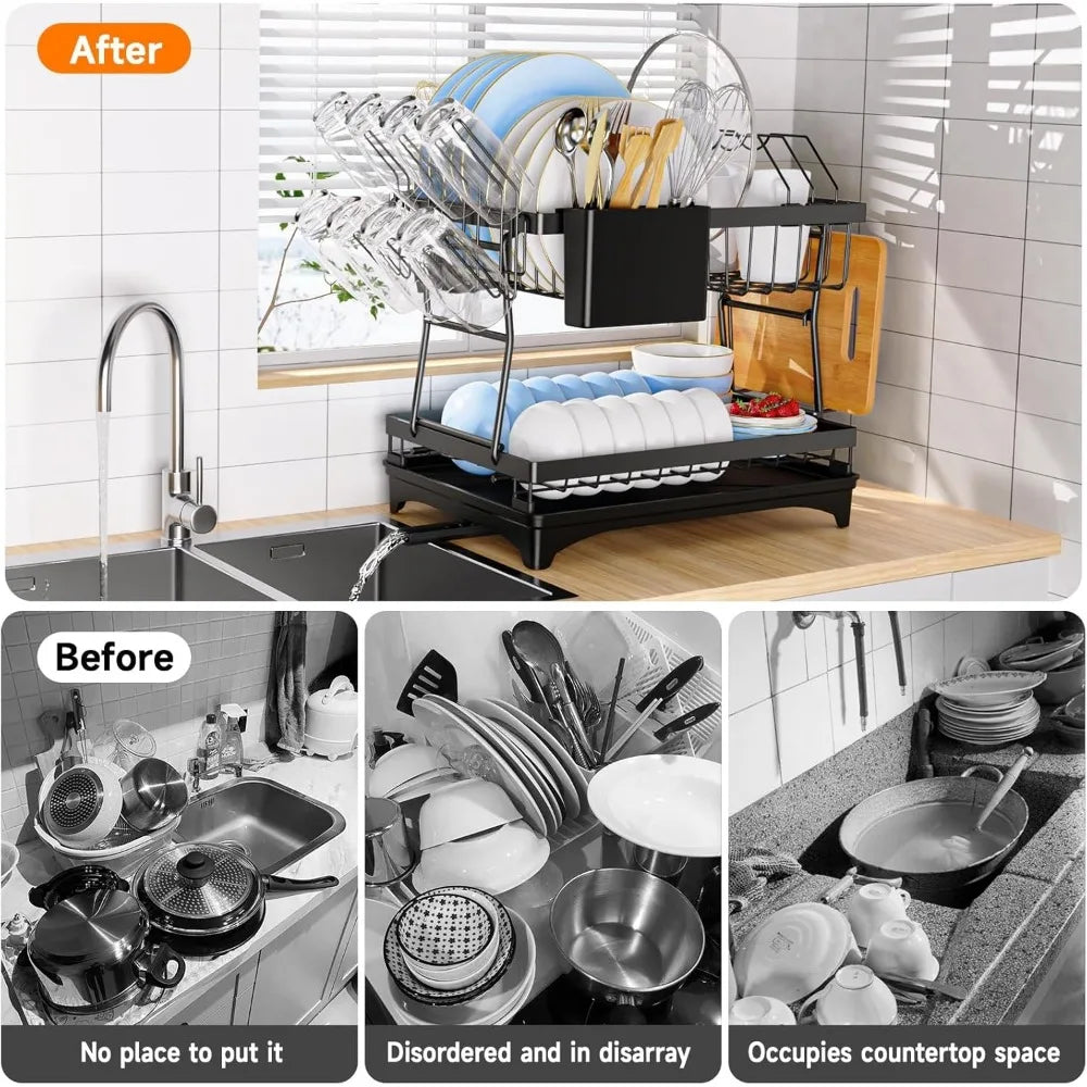 Stainless Steel Dish Drying Rack,2 Tier Large Dish Rack for Kitchen Counter,Dish Drainer with Utensil Holder & Cup Holder,Black