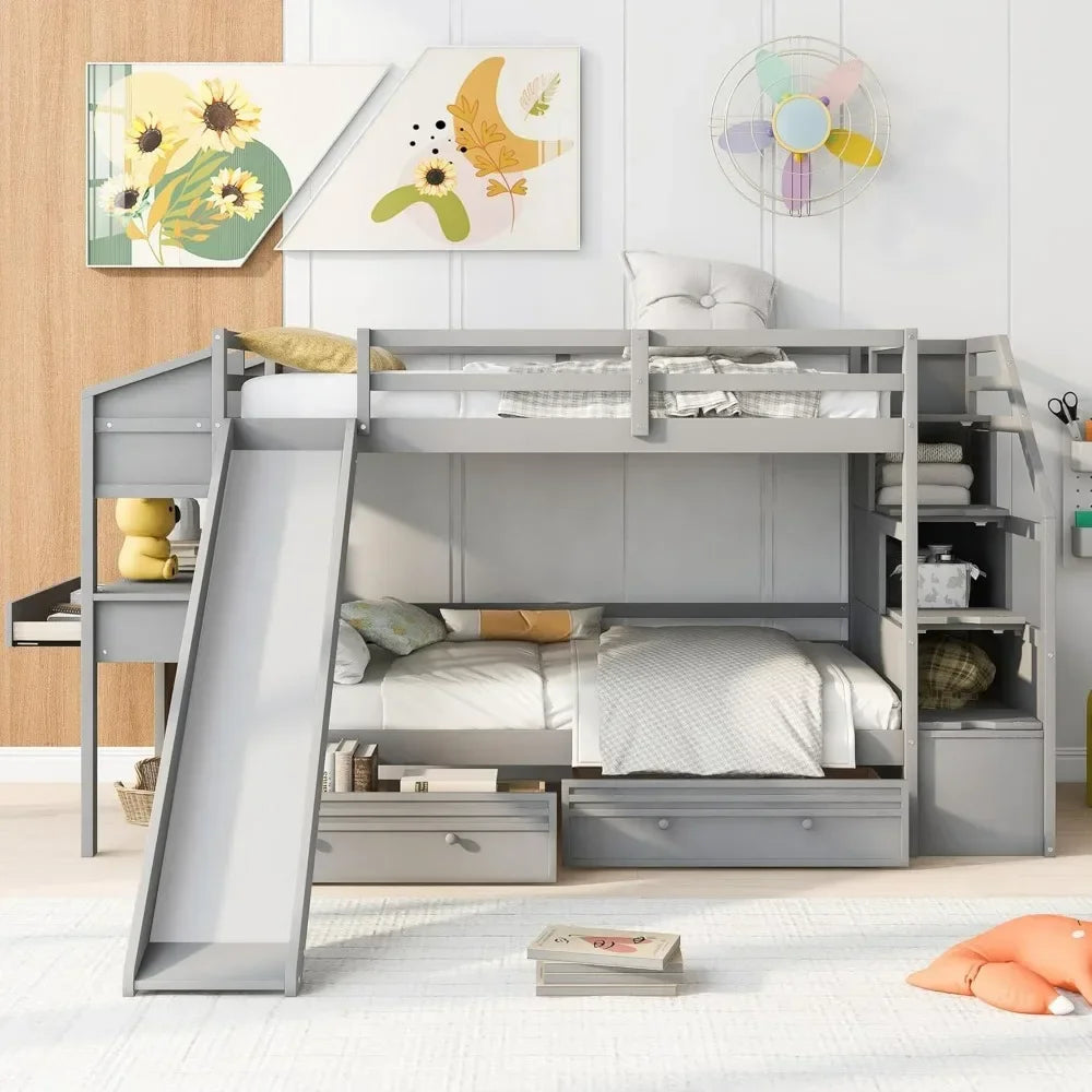 Bunk Bed with Desk, Stairs and Slide, Wood Twin Over Twin Bunk Beds with Storage Shelves, Bunk Bed Twin with Drawers