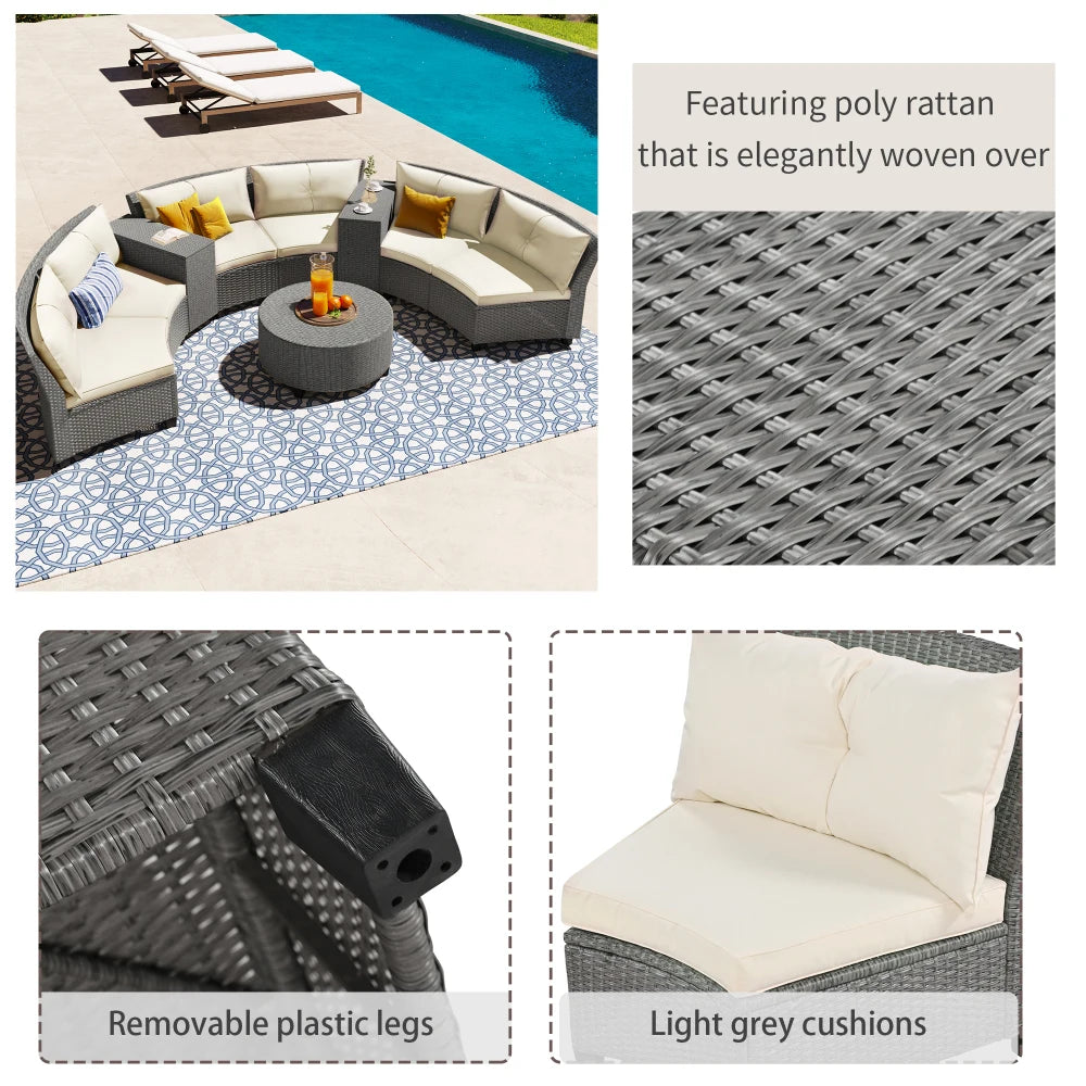 U_Style 6 - Person Fan-shaped Rattan Suit Combination with Cushions and Table
