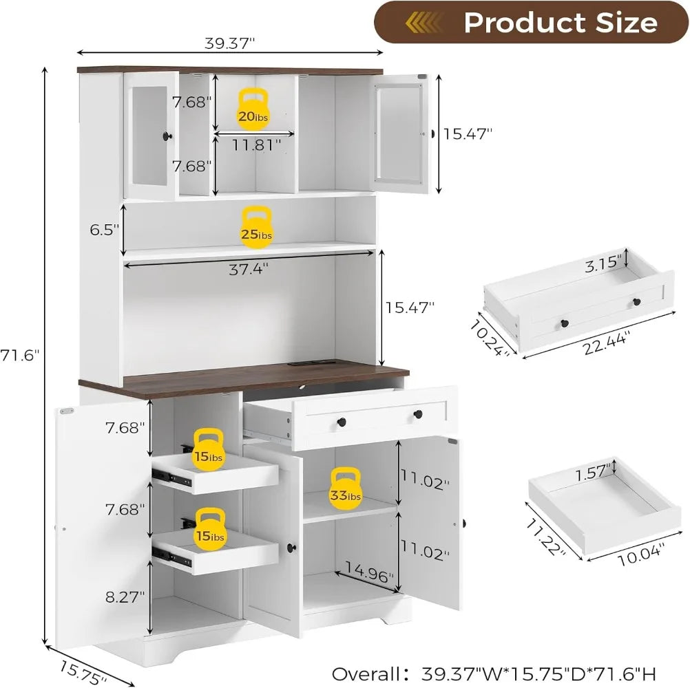 Kitchen Pantry Storage Cabinet with Power Outlet 71.6"