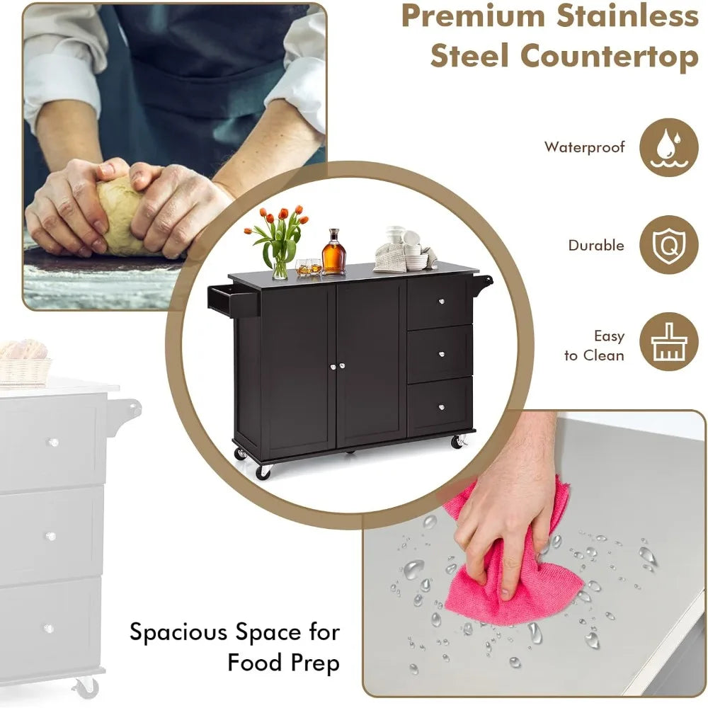 Kitchen Island with Stainless Steel Top, Rolling Kitchen Trolley Cart
