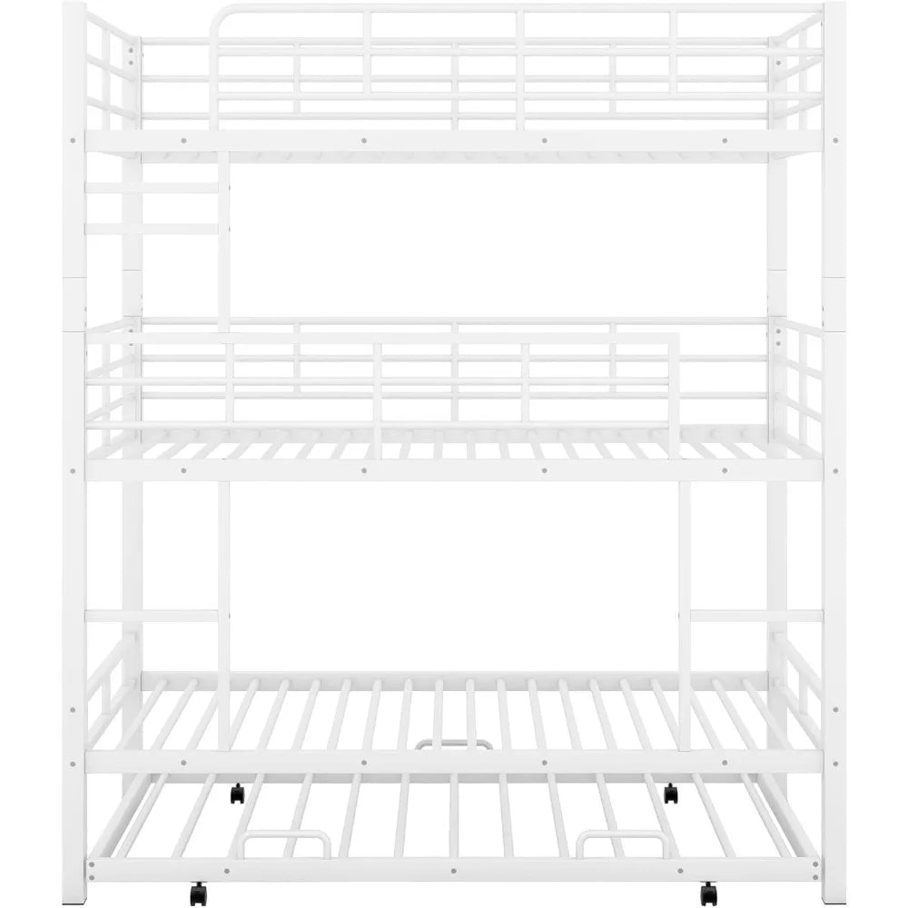 Harper & Bright Designs Metal Twin Size Triple Bunk Bed with Trundle for 4, Bunk Beds with 2 Ladders & Guardrails, Convertible t