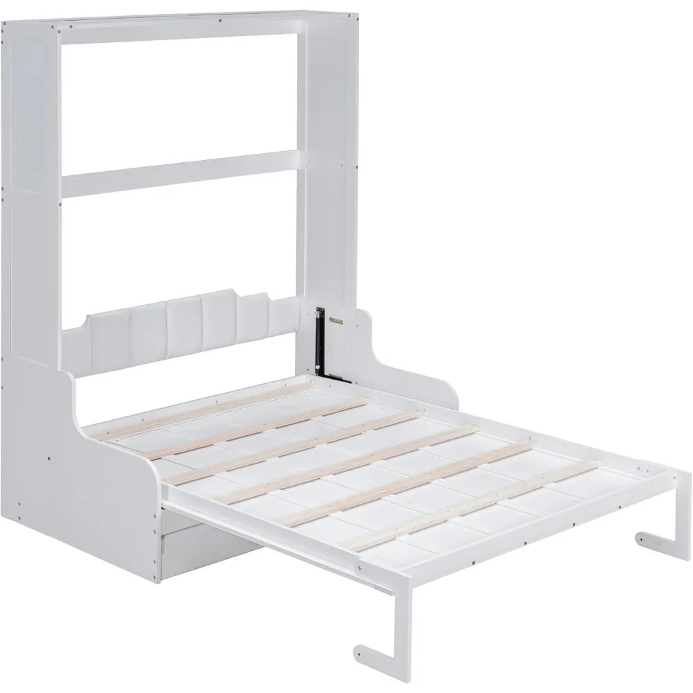 Murphy Bed Cabinet Queen Size with Sofa Chair and Wood Slat Support Space Saving Folding Wall Bed Frame
