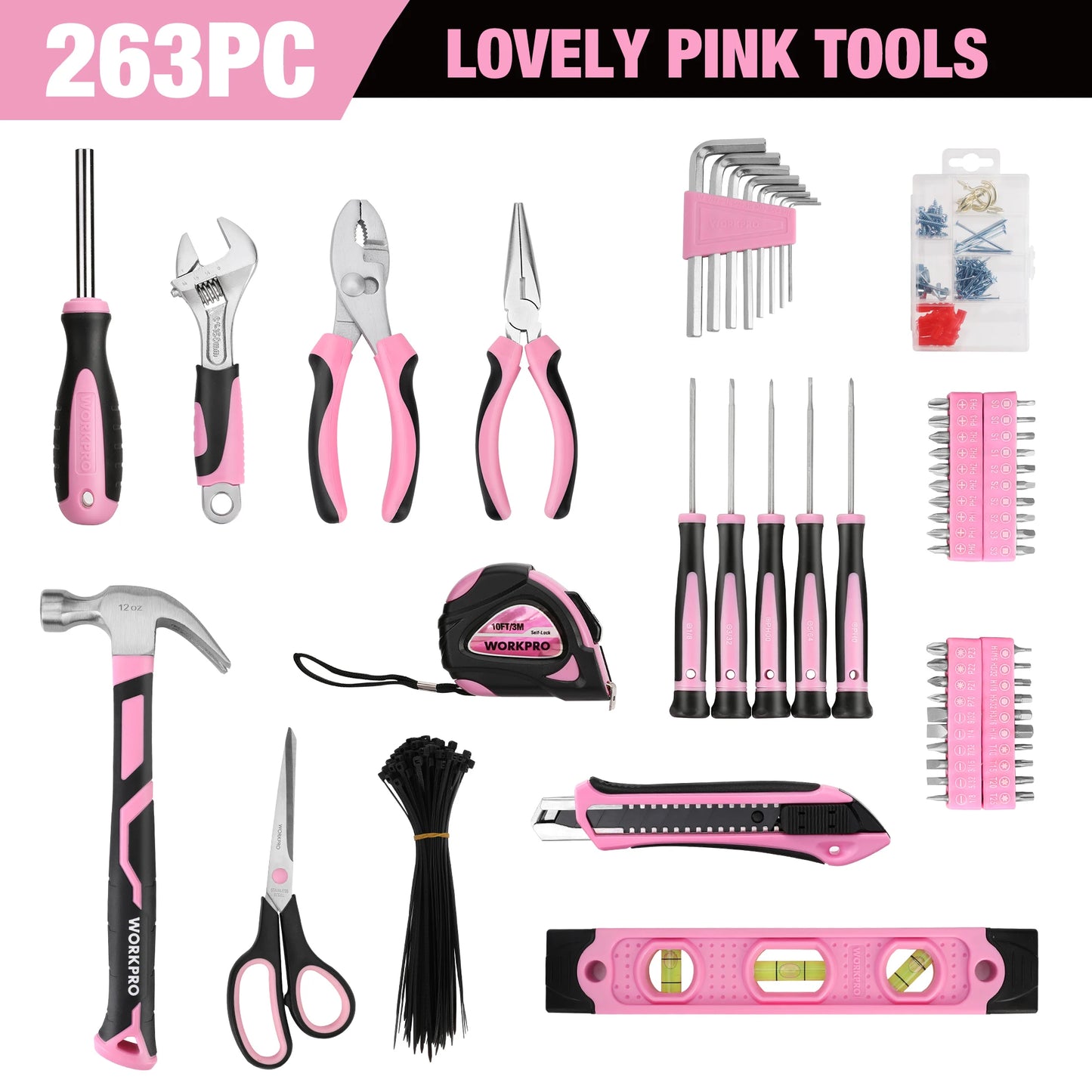 WORKPRO Pink Tool Kit, 263-Piece Home Repairing Tool Set