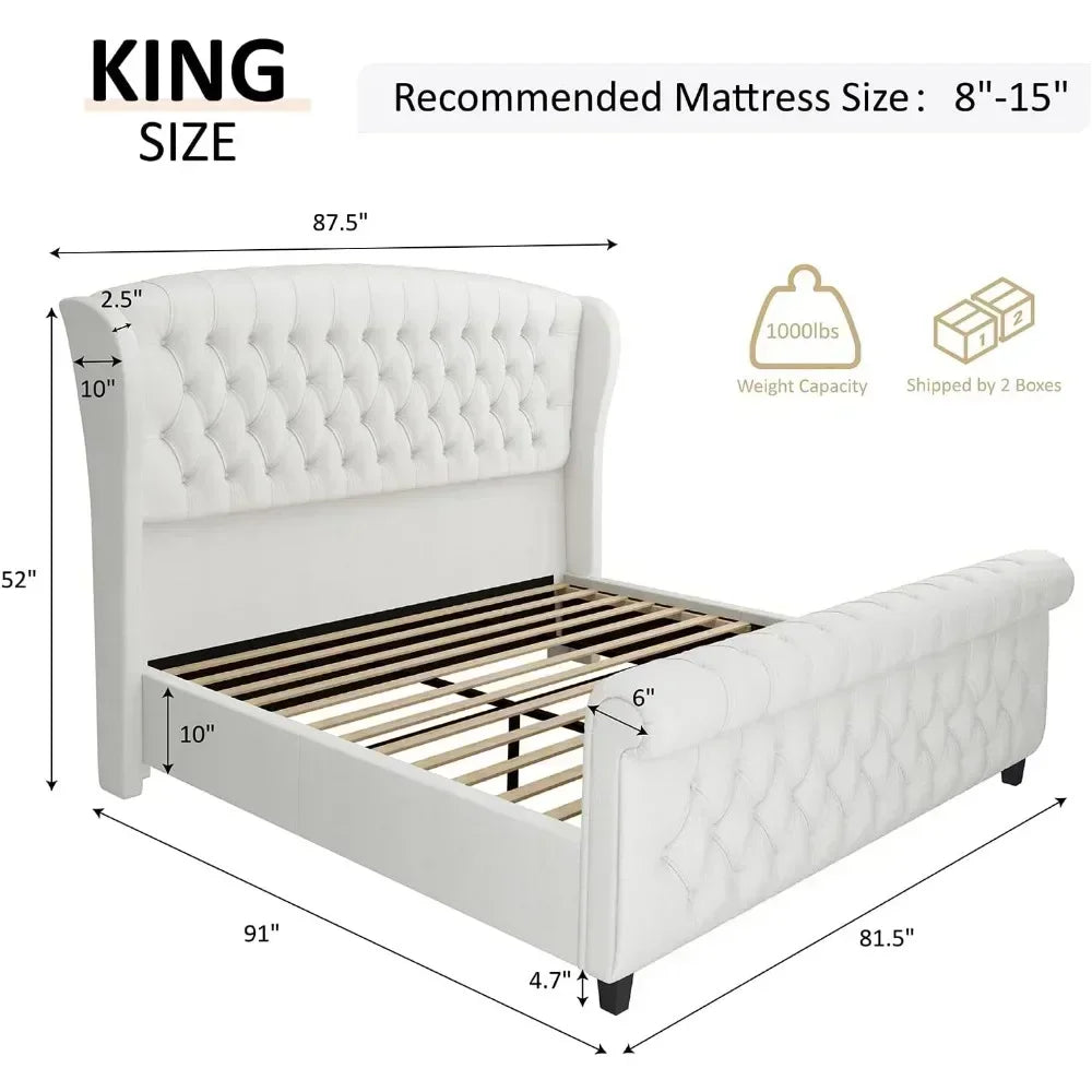 King Size Bed Frame, Chenille Upholstered Sleigh Beds