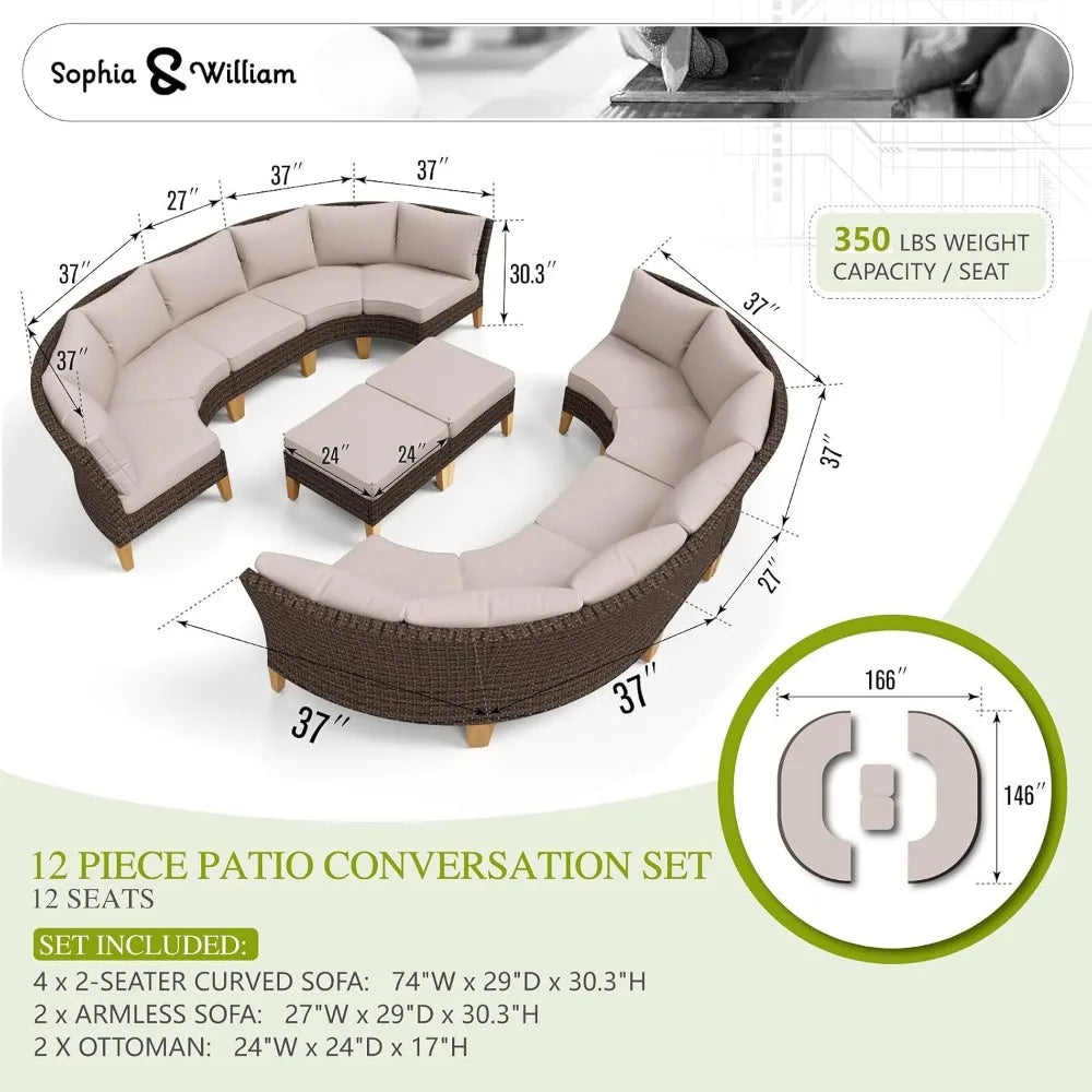 Patio Furniture Set, 12 Piece Curved Outdoor Sectional Sofa Set Garden Sofas