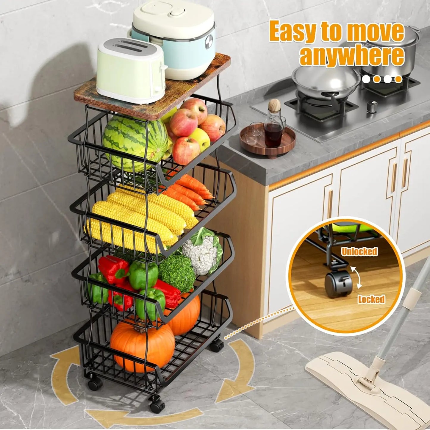 Fruit Vegetable Basket for Kitchen, Stackable Fruit Vegetable Storage Baskets with Wheels, Metal Wire Storage Basket