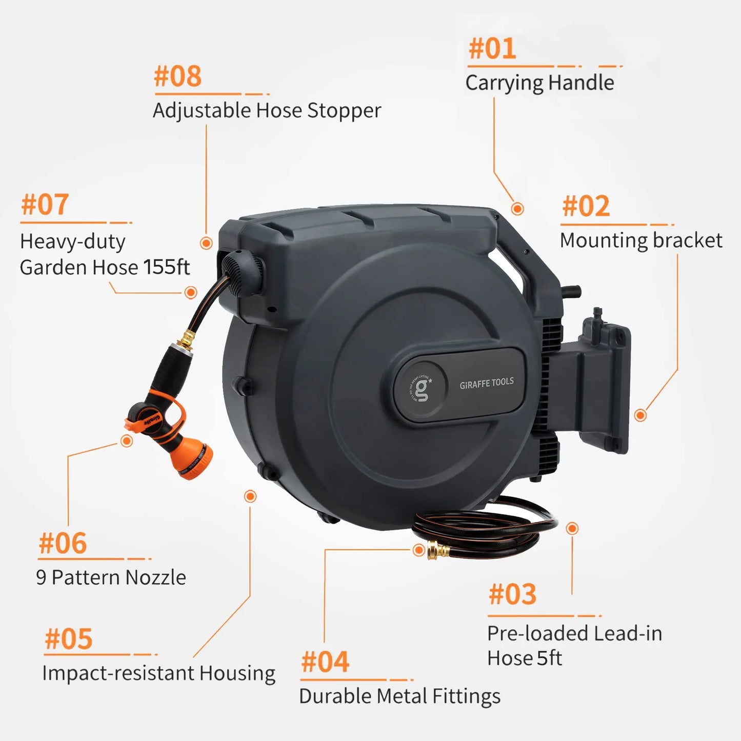 Giraffe Tools AW50 Hose Reel 1/2" x 155 ft, Heavy Duty Retractable Garden Hose Reel with Any Length Lock, Slow Return System