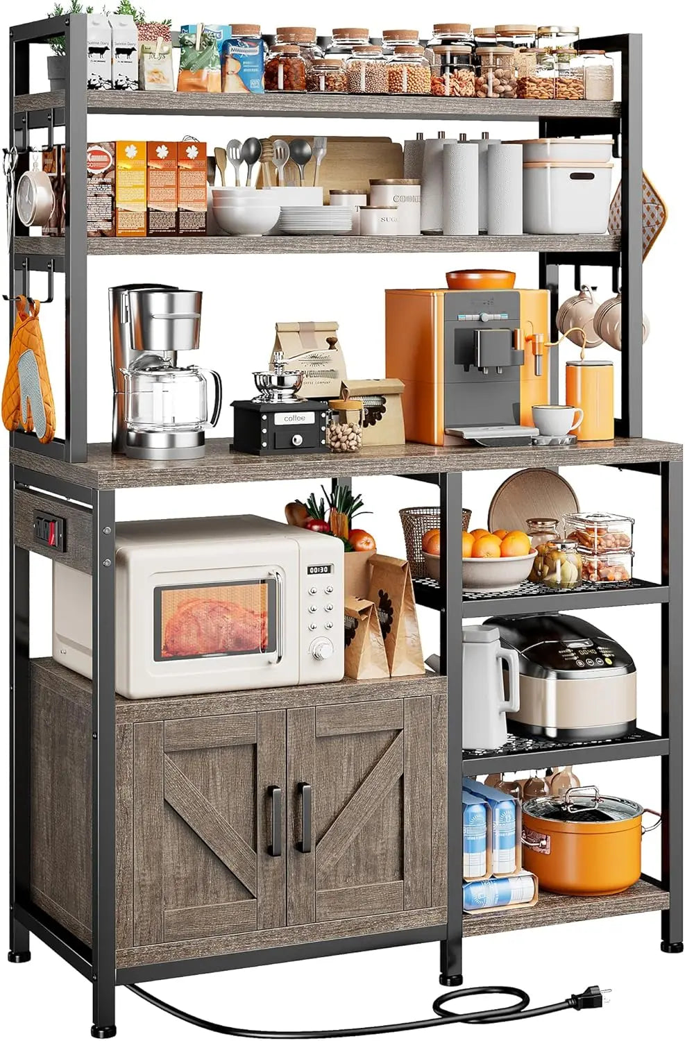 Bakers Rack with Power Outlet and Coffee Bar Storage Shelf