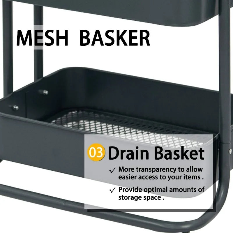 3-Tier Metal Rolling Storage Cart on Wheels Mobile Organizer with Utility Handle