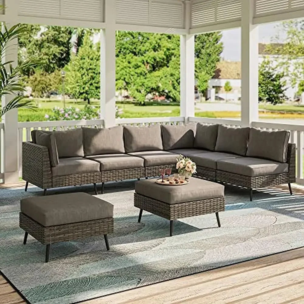 Modern Outdoor Patio Conversation Set 8 Piece Rattan Sectional Sofa Thick Cushions Garden Furniture