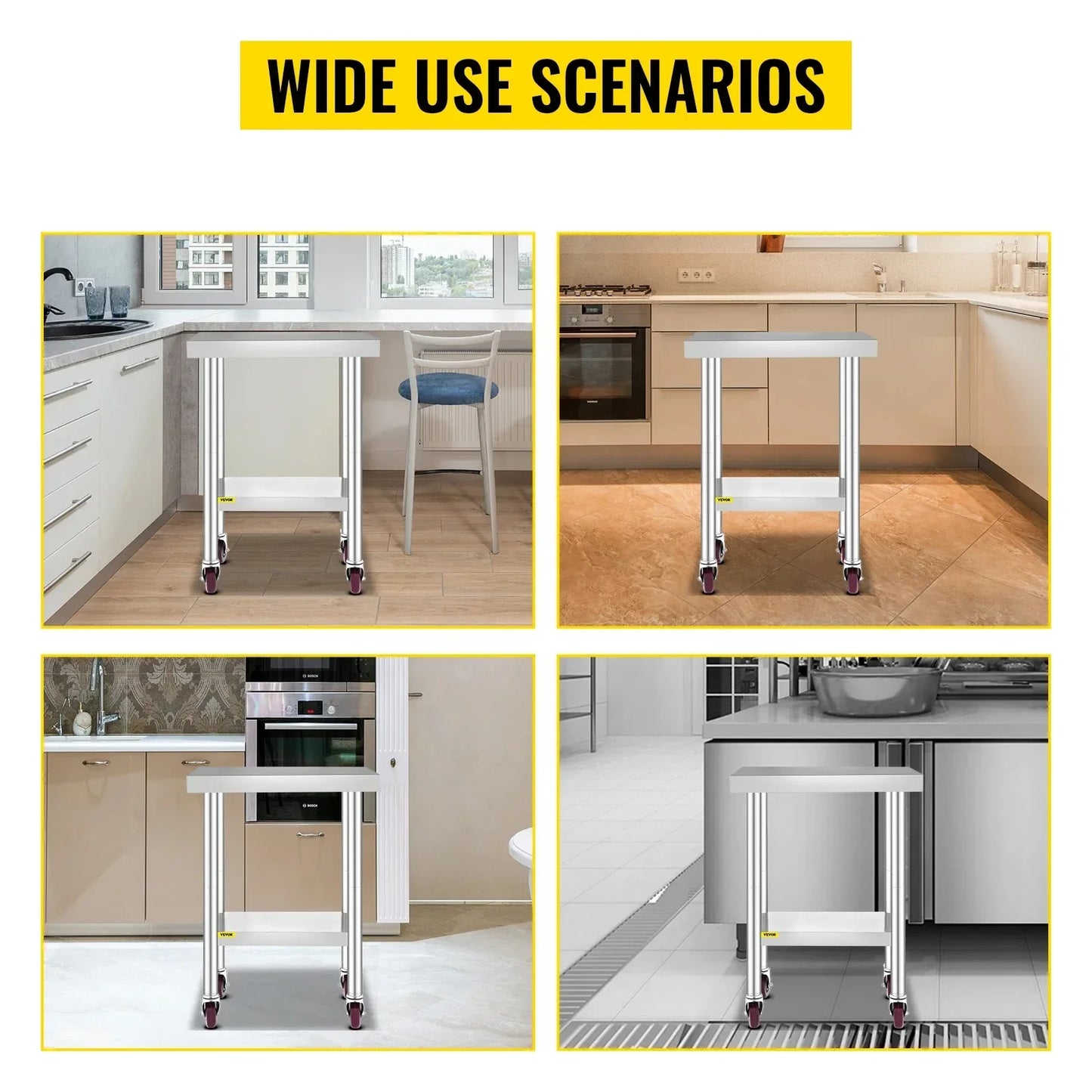 VEVOR Stainless Steel 700lbs Kitchen Worktable with 4Caster Wheels