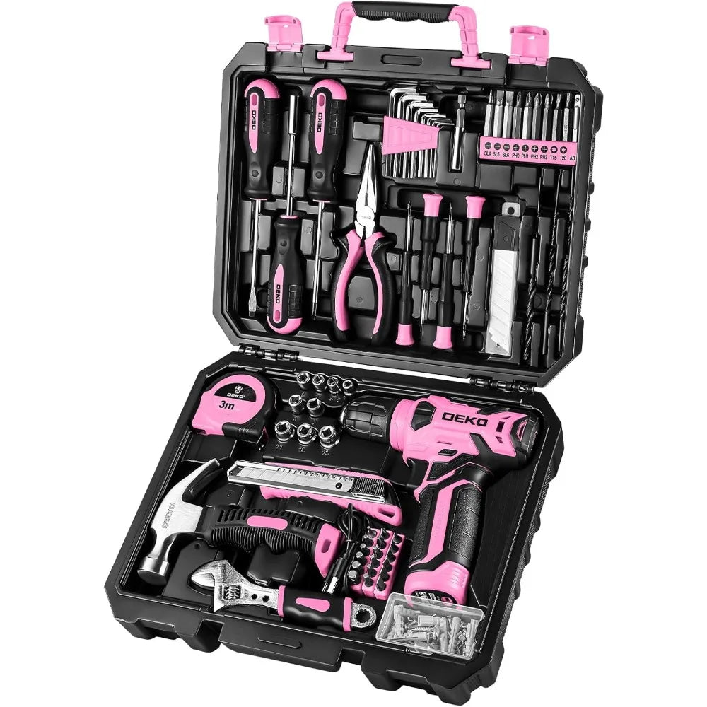 Drill Set: Tool Set with 8V Pink Cordless Drill, Home Tool Kit with Drill, Hand Tool Kits for Women 126 Piece