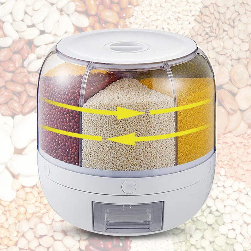 Rice Storage Container Cereal Dispenser 6-grid 360° Rotating Bucket Sealed Tank Grain Box Kitchen Accessories