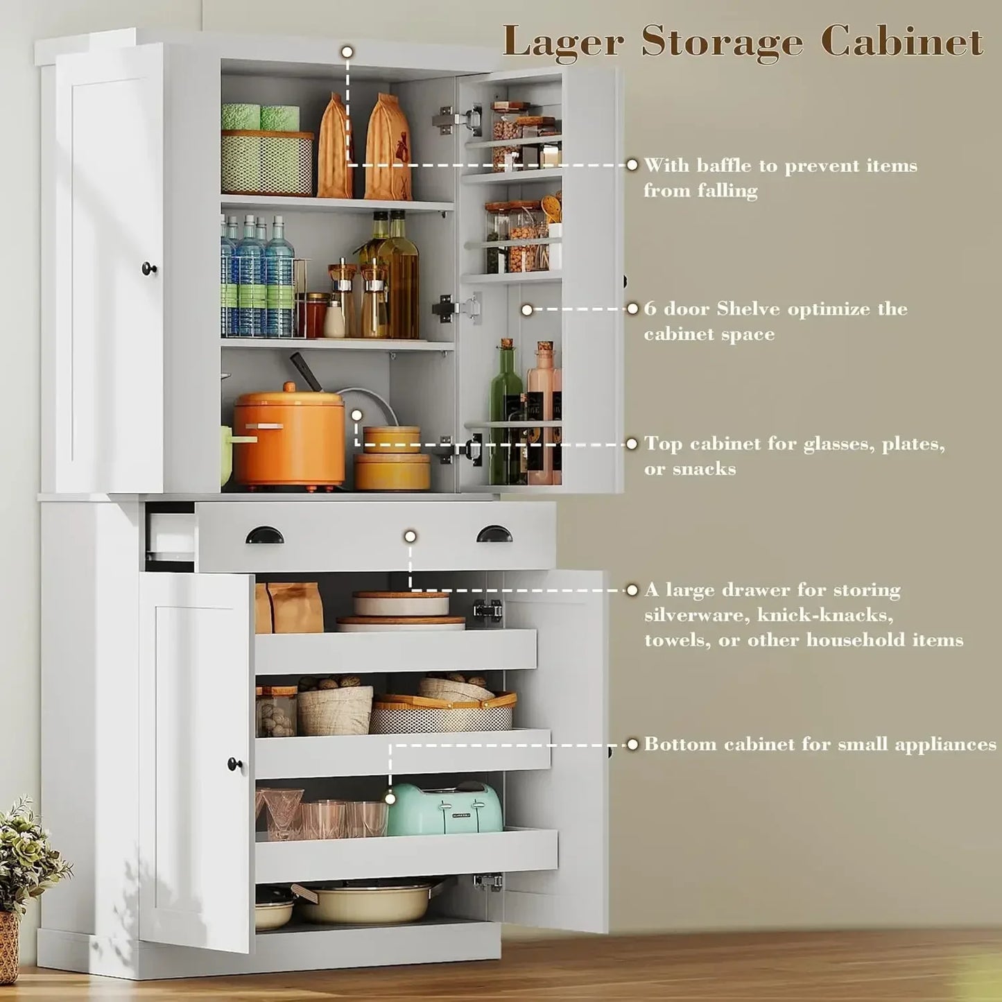 Kitchen Pantry Cabinet 72 Inch Height Freestanding Cupboard