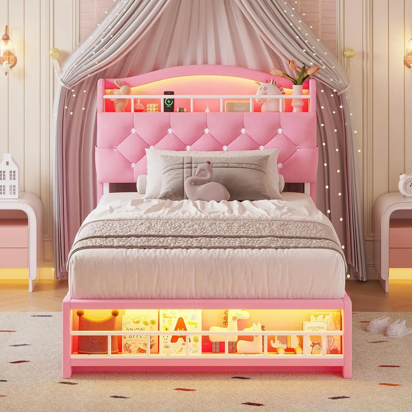Queen Bed Frame with LED Lights, Princess Velvet Upholstered Platform Bed for Girls