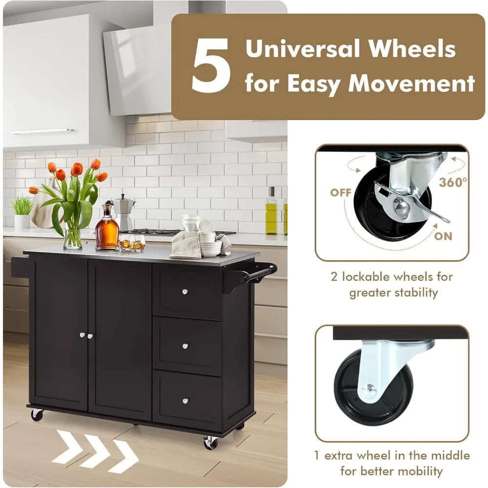 Kitchen Island with Stainless Steel Top, Rolling Kitchen Trolley Cart