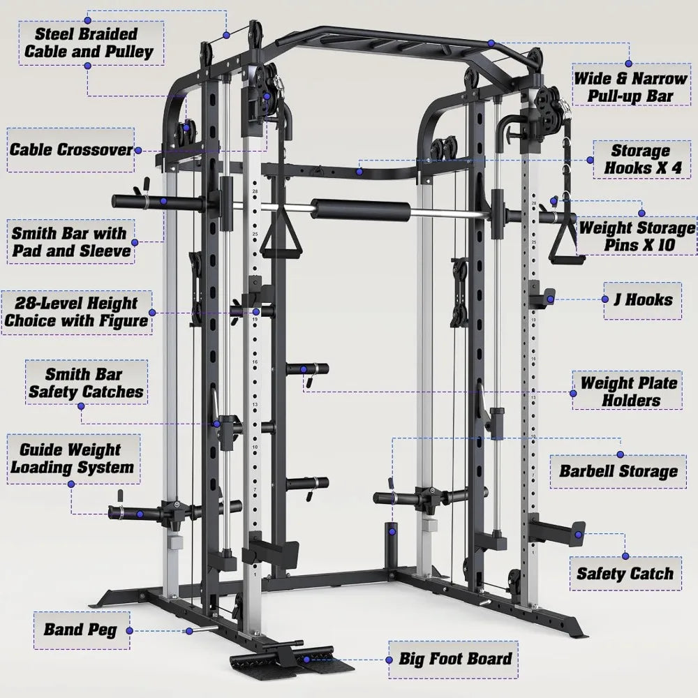 Multifunctional Power Cage Rack with Smith Bar and Cable Pulley System