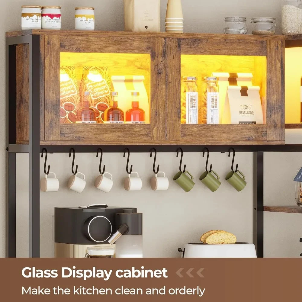 Itaar Bakers Rack with Power Outlet and LED Light 45.3 Inch Farmhouse Coffee Bar Cabinet