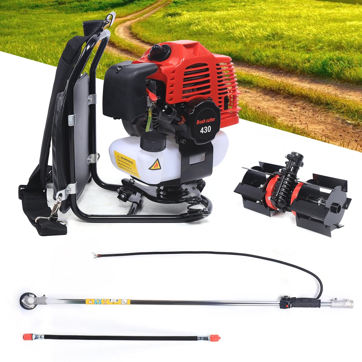 Yard Lawn Mower Tilling Tool 43CC 2 Stroke Backpack Tiller Cultivator Grass Trimmer with 1L Fuel Tank