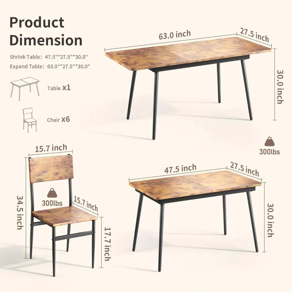 63” Extendable Dining Table Set for 4-6 People, 7-Piece Dining Table Set for 6 People with 6 Chairs