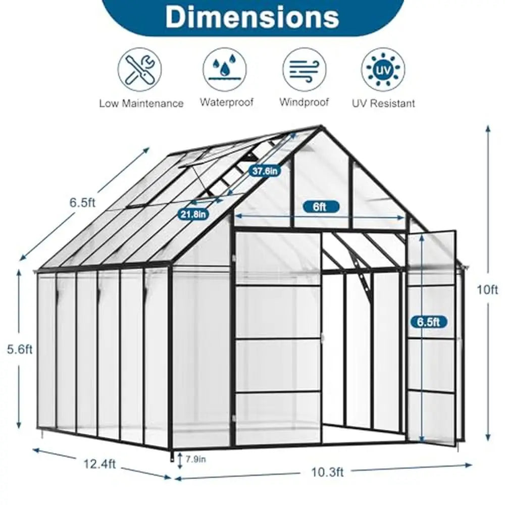10x12 FT Heavy Duty Walk-in Polycarbonate Greenhouse Kit and Gutter System