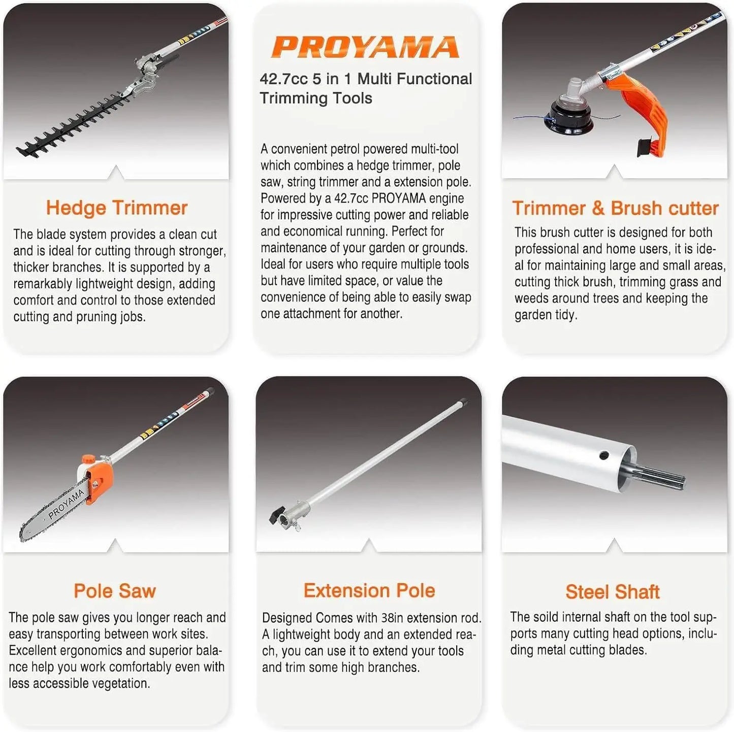 Powerful 42.7cc 5 in 1 Multi Functional Trimming Tools,Gas Hedge Trimmer,Weed Eater,String Trimmer, Brush Cutter