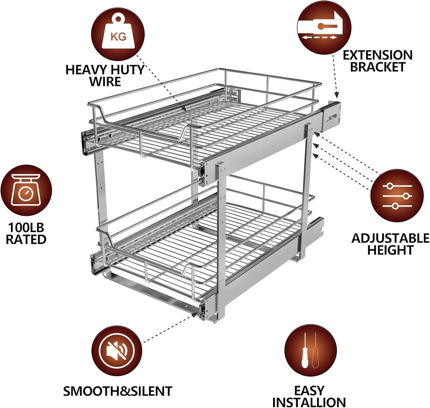 2-Tier Cabinet Pull Out Shelves 20 W x 22 D Kitchen Organizer
