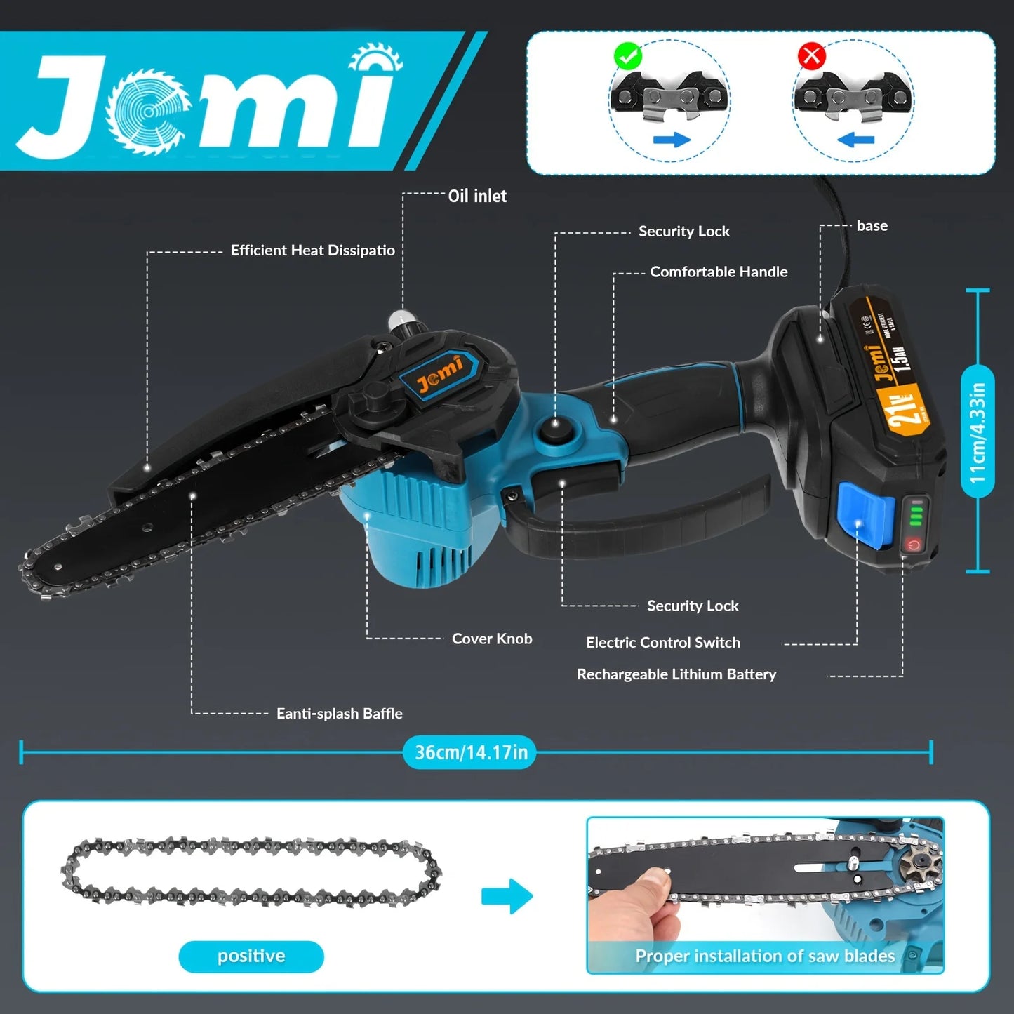 Jemi Tool Mini Chainsaw 6 "with 1/2×21V battery, powerful electric small portable chainsaw
