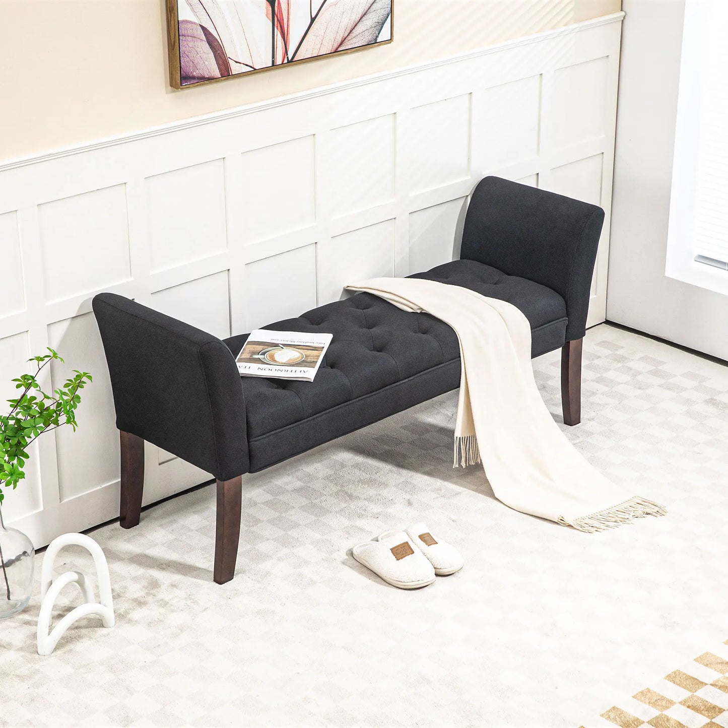 Upholstered Button Tufted Bed End Window Bench W/ Arms & Wood Legs, Black
