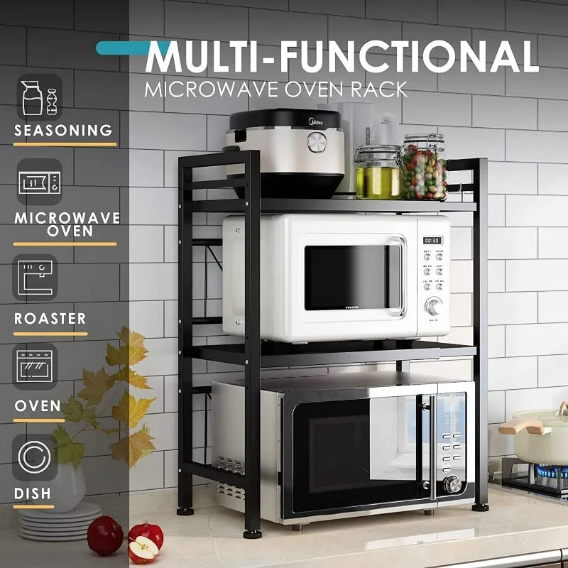 Expandable Microwave Rack, Countertop Kitchen Utensils Tableware Storage, Carbon Steel 3 Tier Shelf with 3 Hooks