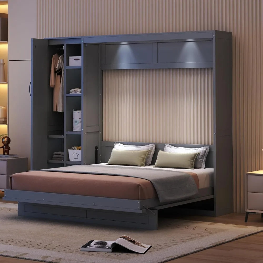 Queen Size Murphy Bed Wall Bed with Shelves Wardrobe and LED Lights Solid Wood Frame Easy to Assemble Minimalist Modern Design