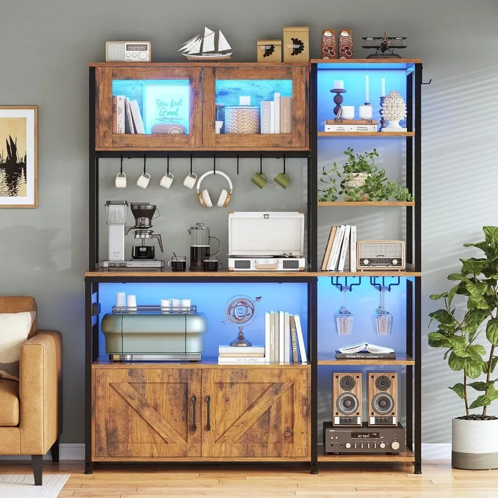 Itaar Bakers Rack with Power Outlet and LED Light 45.3 Inch Farmhouse Coffee Bar Cabinet