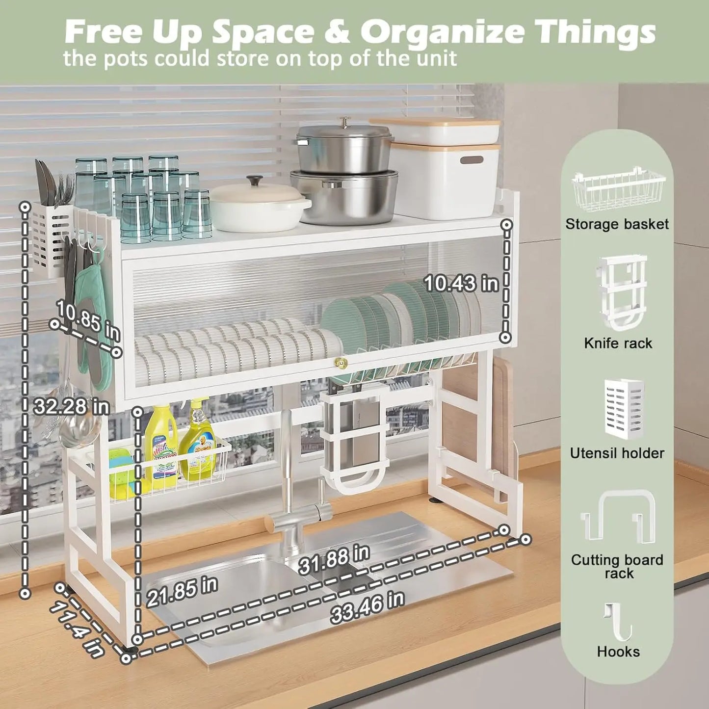 White Over The Sink Dish Drying Rack with Cover
